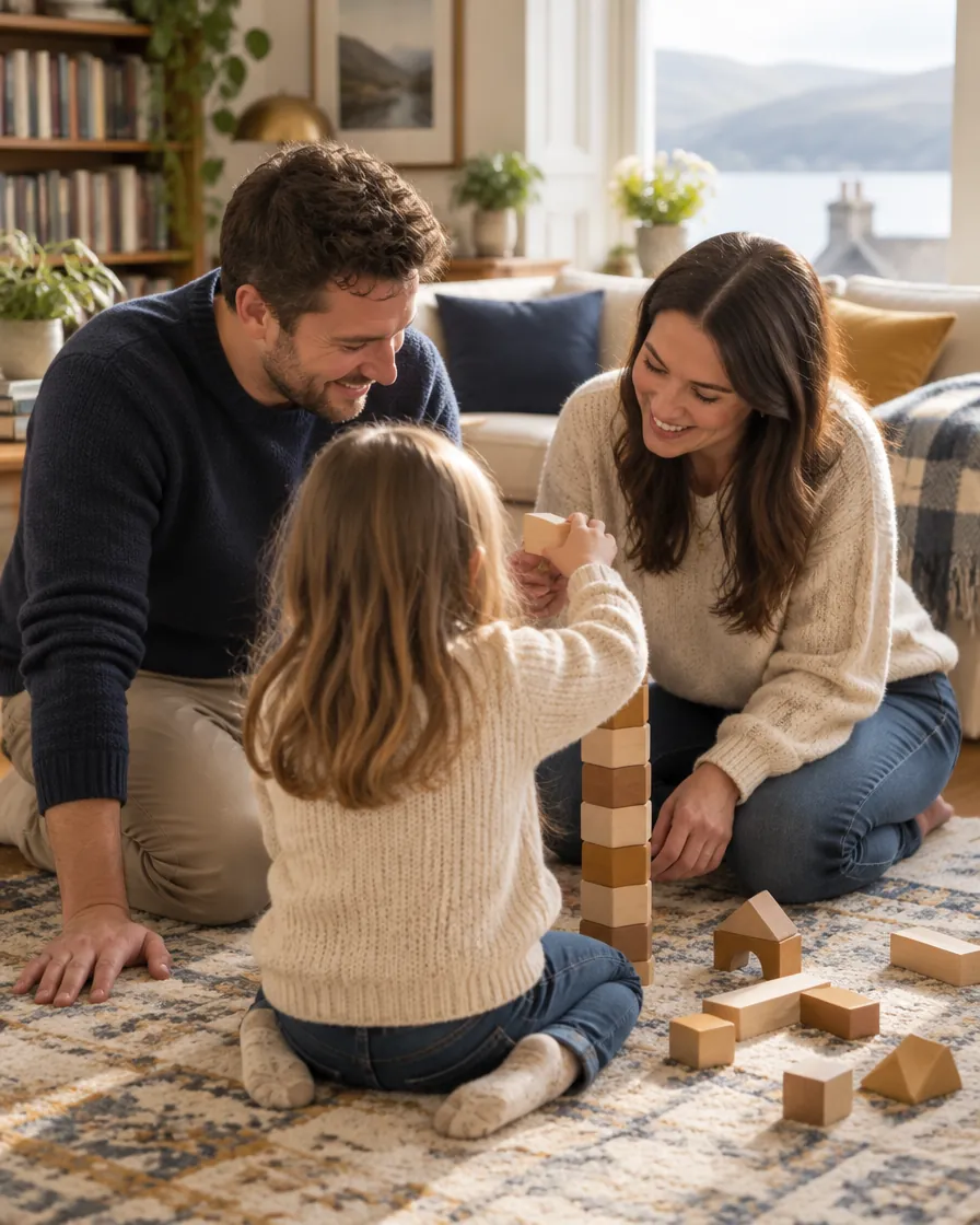 Two parents playing with building blocks with their young child at home