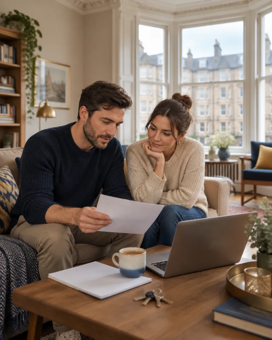 An unmarried couple reviewing a cohabitation agreement at home in Glasgow