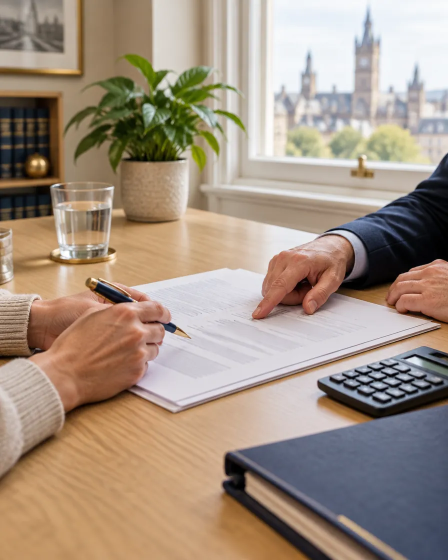 A solicitor pointing to a clause in a separation agreement during a meeting