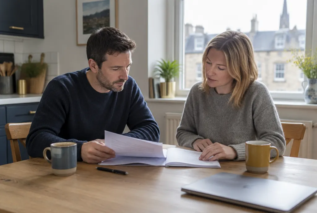 A separated couple reading through the terms of their separation agreement at a kitchen table